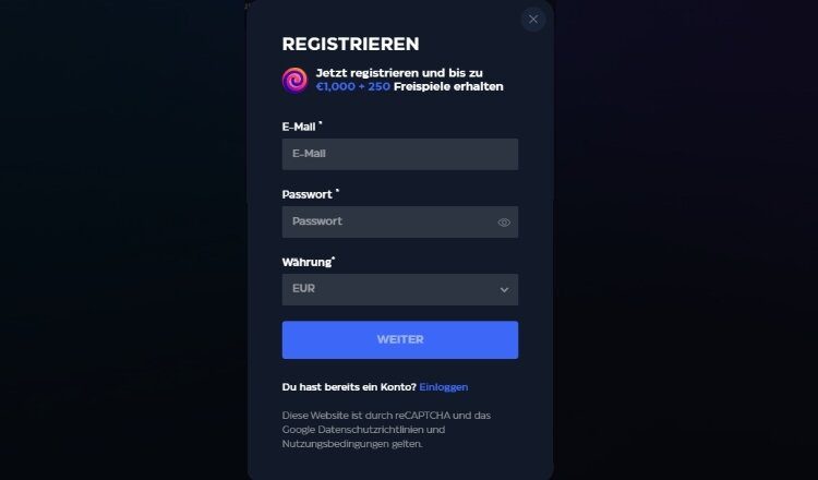 Gioo Casino Screenshot der Registrierung