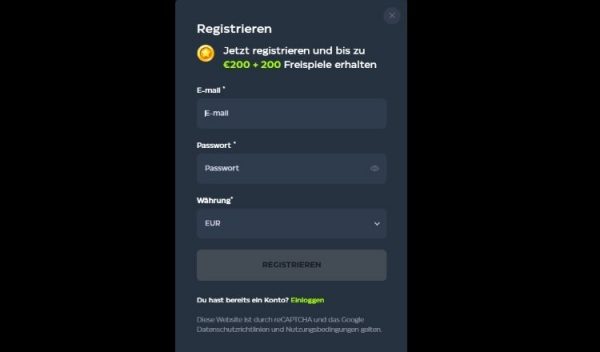 GSlot Casino Screenshot der Registrierung