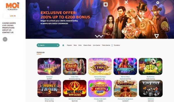 Moi Casino Screenshot der Startseite