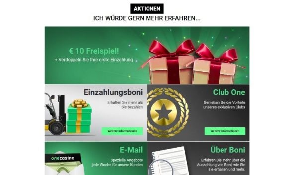 One Casino Screenshot der Aktionen