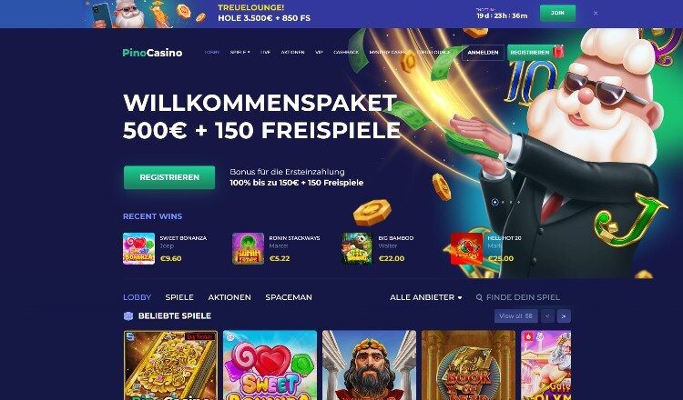 Pino Casino Screenshot der Startseite