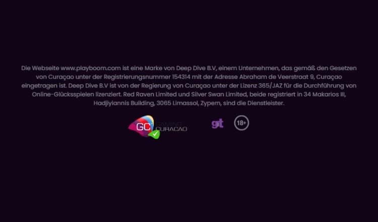 Playboom Casino Screenshot der Lizenz Informationen