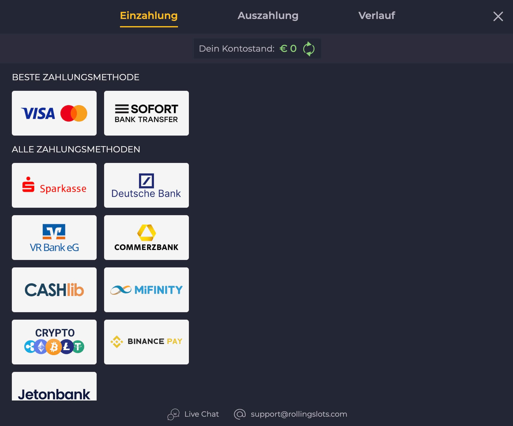 Rolling Slots Zahlungsmethoden