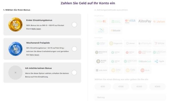 Tsars Casino Screenshot der Einzahlung mit Bonus