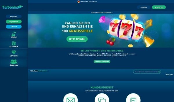 Turbonino Casino Screenshot der Startseite