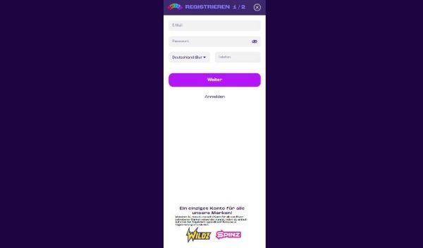 Wheelz Casino Screenshot der Registrierung