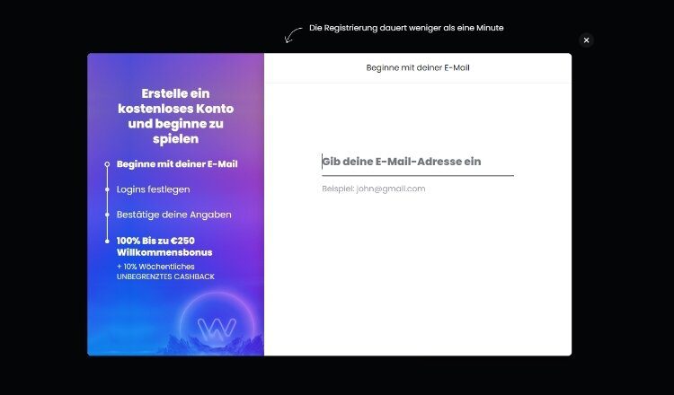 Winny Casino Screenshot der Registrierung