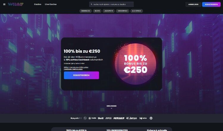 Winny Casino Screenshot der Startseite