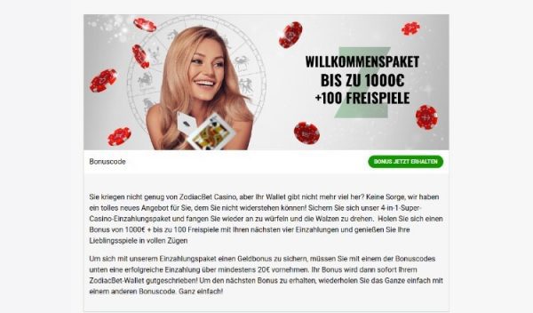 Zodiac Bet Casino Willkommenspaket Screenshot
