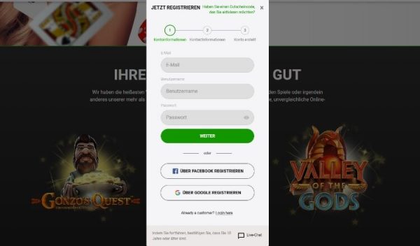 Zodiac Bet Casino Screenshot der Registrierung