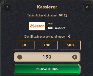 Jeton Casino Einzahlungsmenü