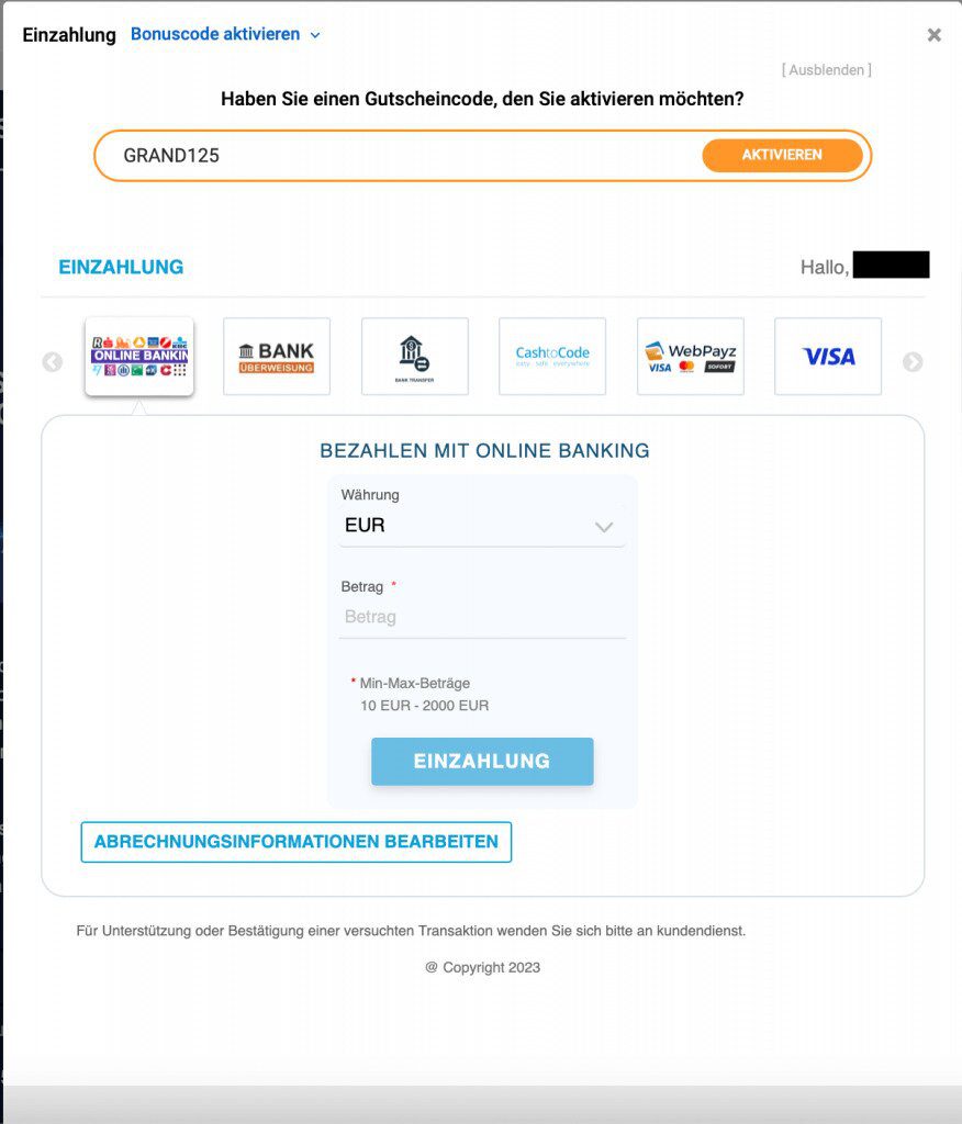 Grandwin Einzahlung und Bonuscode