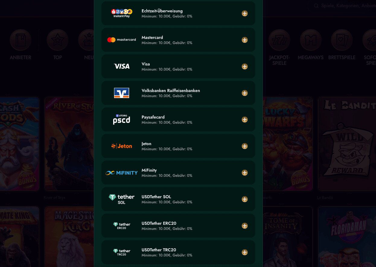 Cashed casino Payment methods