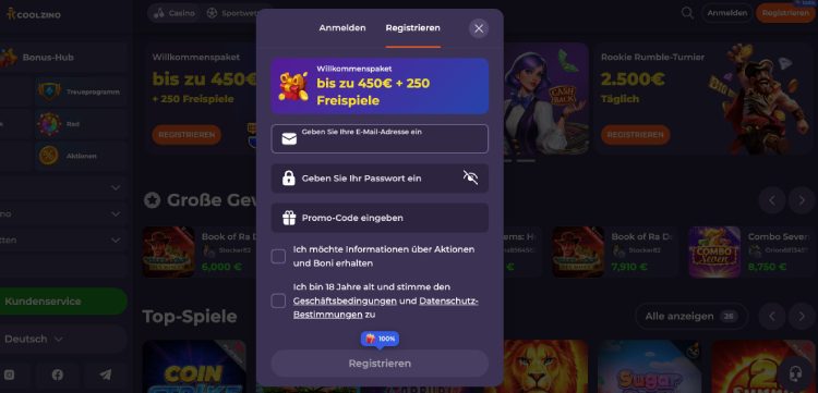 Coolzino Registrierung