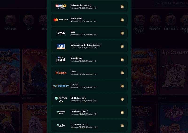 Cashed casino Payment methods