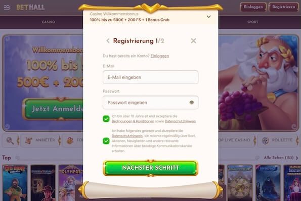 BetHall Casino Registration