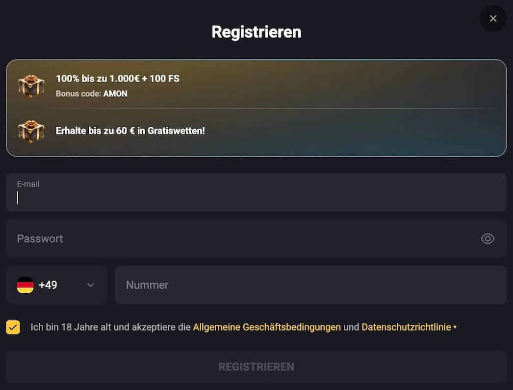 Amonbet Registrierung