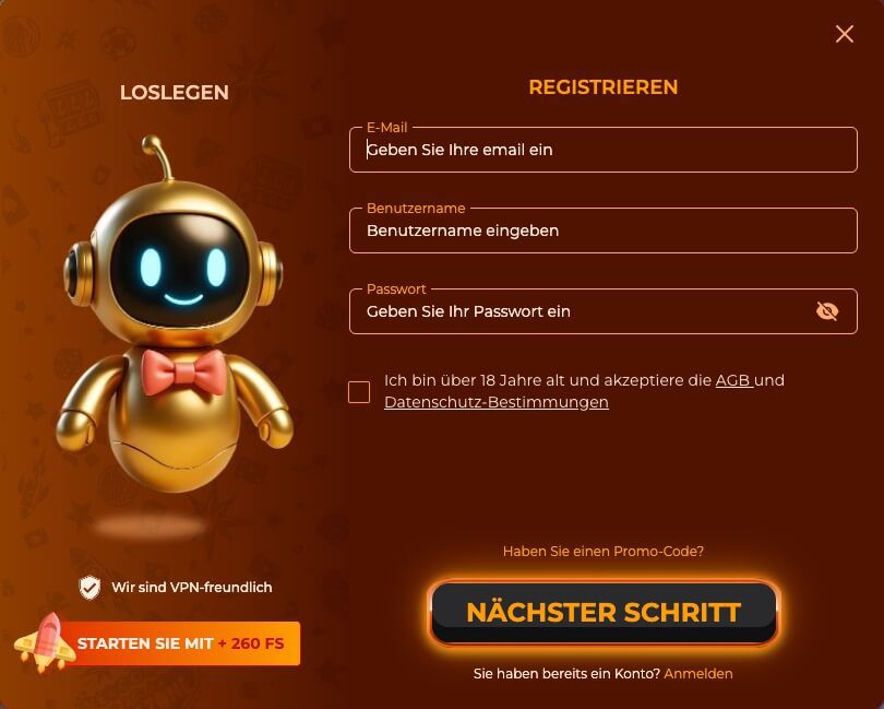 Vegazone Registrierung
