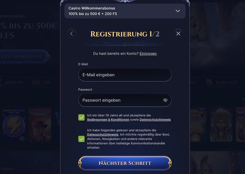 Cazeus Registrierung