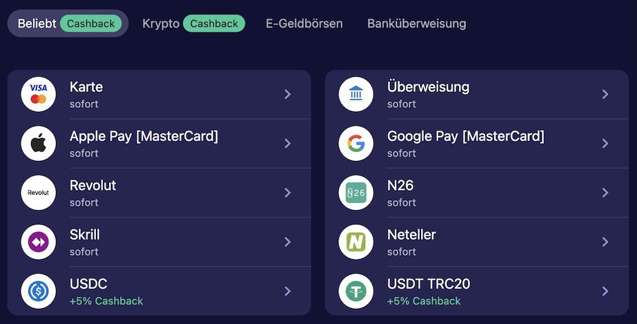 Betmatch Zahlungsmethoden