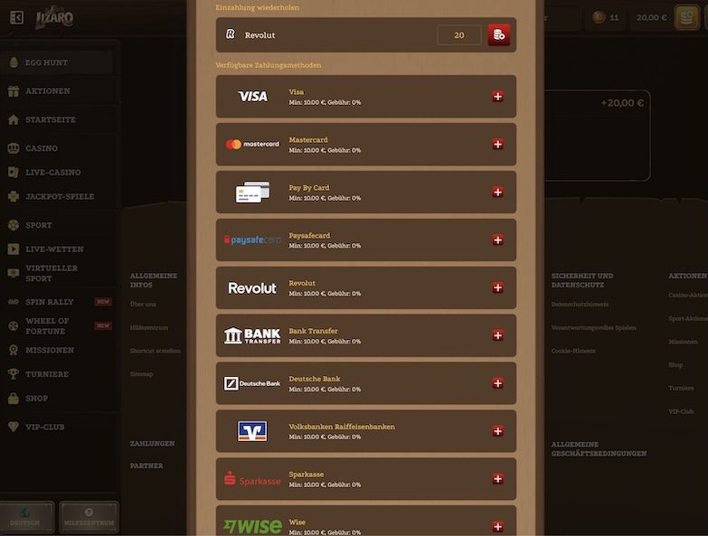 Lizaro Casino Zahlungsmethoden